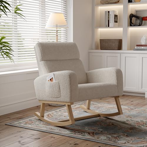 PRTECY Stillschaukelstuhl, Schaukelstuhl zum Entspannen, mit Rückenlehne und 2 Seitentaschen, bequemer Lesestuhl für Wohnzimmer oder Schlafzimmer, Beige von PRTECY