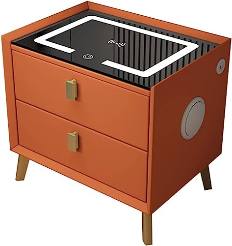 PRUJOY Table de Chevet intelligente, chargement sans fil, Table d'appoint en Cuir, Haut-parleur USB, Bluetooth, Table de Chevet Led, armoire de Chevet en Bois à 2 tiroirs (Orange 50 * 40cm) von PRUJOY