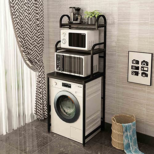 PRUJOY Waschmaschinen-Aufbewahrungsrahmen, bodenstehend für über der Toilette, Holztrennwandregal, Dickes Kohlenstoffstahlrahmen-Aufbewahrungsregal (Black B) von PRUJOY