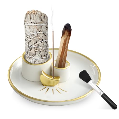 4 in 1 Moon Design Räucherstäbchenhalter Keramik Räucherschale, weißer Salbeihalter Räucherteller, Palo Santo Halter mit Ascheauffangplatte,Multi-functional Incense Burner Holder Meditation Zubehör von PRZRAO