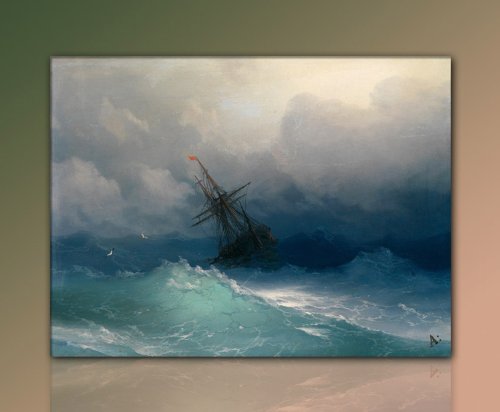 Der Sturm - Wandbild: Schiff im Sturm von Ivan Konstantinovich (60x80 cm) auf Echter Leinwand gerahmt - Kunstdruck Gemälde Alte Meister auf Leinwand. Günstig inkl. Rahmen von Der Sturm