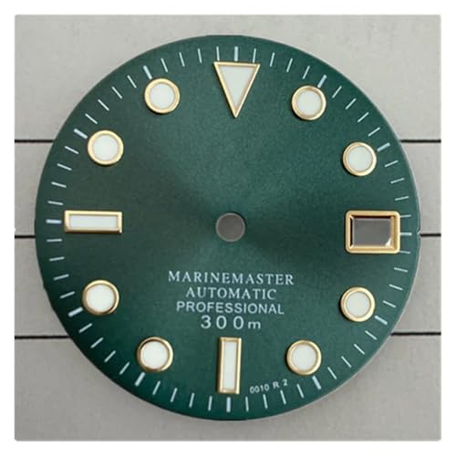 PSDFJAD ZHGUIMING Uhr Schwarzes Zifferblatt Umgerüstet 28,5mm Nh35 S Logo Zifferblatt Leuchtend Passend for NH35/nh36 Uhrwerk Nh35 Uhr Zubehör(Green Gold Nail) von PSDFJAD