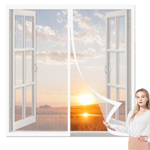 Fliegennetz Fenster Magnet 113 x 112 cm Insektenschutz Magnetischer Fliegenvorhang Ohne Bohren Fliegenschutz für Windows Wohnzimmer Fenstern, Weiß von PSHYJUN