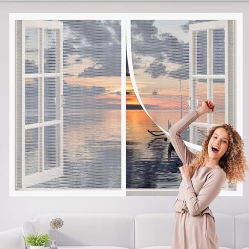 Magnet Fliegengitter Fenster Klein 91 x 147 cm Insektenschutz Doppelseitiger Fliegenvorhang Ohne Bohren Klebemontage für Wohnzimmer Fenster, Weiß von PSHYJUN