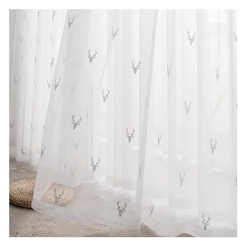 PSKJHN 2 Stück Hirsch Stickerei Vorhang Voile, Tüll Transparent Gardinen Ösenschal/Kräuselband Fensterschal Für Wohnzimmer Schlafzimmer Balkon, W120xL190cm,Hook up von PSKJHN