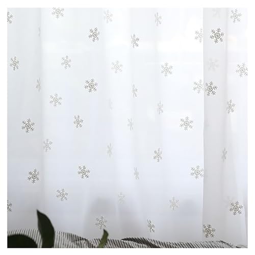 PSKJHN Schneeflocke Transparente Gardine Weiß Stickerei Sheer Voile Vorhang Haken 2 Stück Für Schlafzimmer Wohnzimmer Kinderzimmer, W120xL140cm,White von PSKJHN