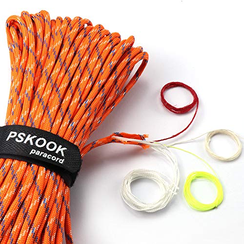 PSKOOK 550 Paracord Lanyard Fallschirmschnur mit Flachs Zunder Cord PE Angelschnur Baumwollfaden - Mil-Spec Typ III Paracord -100FT (Orange Camouflage) von PSKOOK