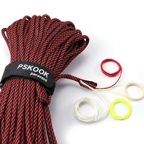 PSKOOK 550 Paracord Lanyard Fallschirmschnur mit Flachs Zunder Cord PE Angelschnur Baumwollfaden - Mil-Spec Typ III Paracord -100FT (Rot Camouflage) von PSKOOK