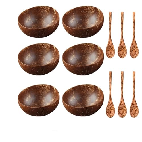 12-15cm Coconut Schüssel Set Holz Salat Ramen Löffel Coco Smoothie Küche Geschirr(6 bowl 6 spoon) von PSNKLMM