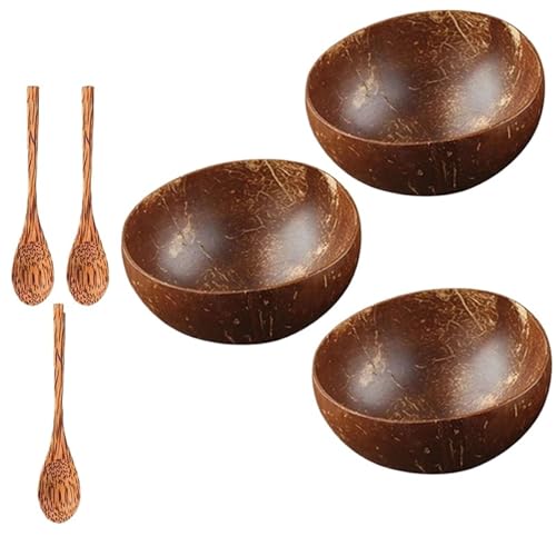 12-15cm Kokosnussschale Holzlöffel Set Holzsalat Ramen Coco Smoothie Küchengeschirr(3 bowl 3 spoon) von PSNKLMM