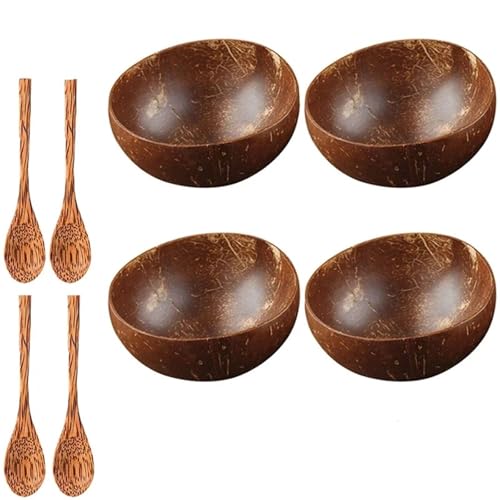 12-15cm Kokosnussschale Holzlöffel Set Holzsalat Ramen Coco Smoothie Küchengeschirr(4 bowl 4 spoon) von PSNKLMM