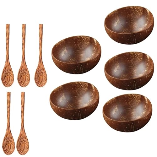 12-15cm Kokosnussschale Holzlöffel Set Holzsalat Ramen Coco Smoothie Küchengeschirr(5 bowl 5 spoon) von PSNKLMM
