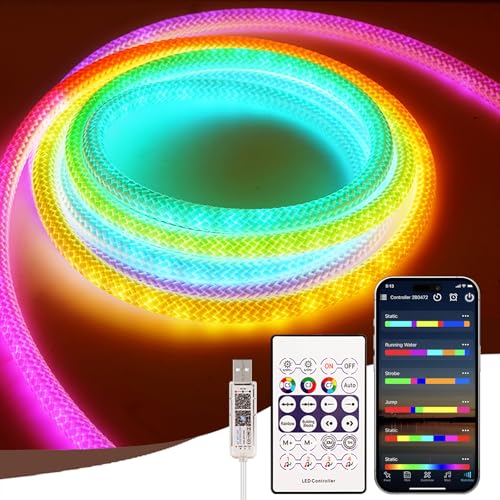 2M RGB 360 Grad Rund Netzförmig Neon LED Streifen 50LEDs/M 5V IP65 Wasserdicht Nylon Flexibel Traum Farben Lauflicht Effekt für Heimdekoration(Der USB-Anschluss ist nicht wasserdicht) von PSTAR