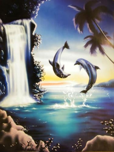 PSYWORK Schwarzlicht Poster | Dolphins Dance | 64x90cm | ungerahmt | Kunstdruck | Fantasy | Wandbild | Wandposter | Delphine | Wasserfall von PSYWORK