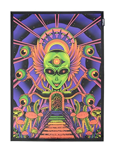 PSYWORK Schwarzlicht Stoffposter Neon | Alien Godness | 0,5 x 0,7m | UV-aktiv | fluoreszierend | Wandbehang Stoffbanner Poster Wandbild Kunstdruck Dekobild Dekoration Wandteppich von PSYWORK