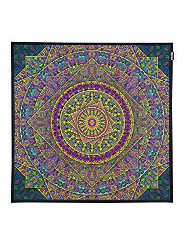 PSYWORK Schwarzlicht Stoffposter Neon | Orbit Mandala | 0,75 x 0,75m | UV-aktiv | fluoreszierend | Wandbehang Stoffbanner Poster Wandbild Kunstdruck Dekobild Dekoration Wandteppich von PSYWORK