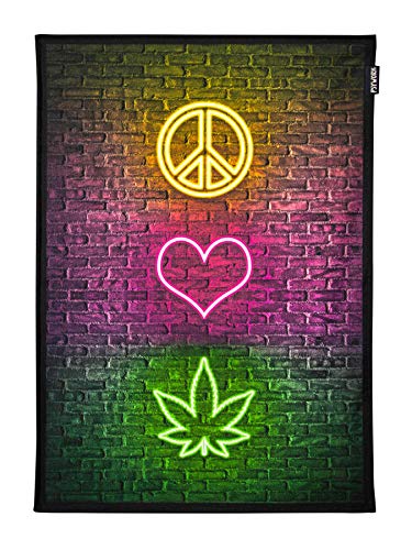 PSYWORK Schwarzlicht Stoffposter Neon | Peace Love Weed | 0,5 x 0,7m | UV-aktiv | fluoreszierend | Wandbehang Stoffbanner Poster Wandbild Kunstdruck Dekobild Dekoration Wandteppich von PSYWORK