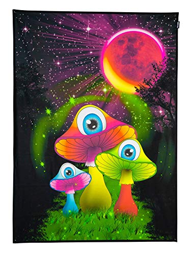 PSYWORK Schwarzlicht Stoffposter Neon | Redmoon Mushrooms | 1,0 x 1,4m | UV-aktiv | fluoreszierend | Wandbehang Stoffbanner Poster Wandbild Kunstdruck Dekobild Dekoration Wandteppich von PSYWORK