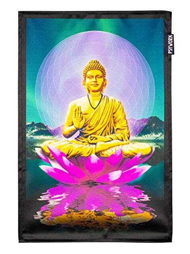 PSYWORK Schwarzlicht Stoffposter Neon | Sacred Lotus Buddha | 0,3 x 0,45m | UV-aktiv | fluoreszierend | Wandbehang Stoffbanner Poster Wandbild Kunstdruck Dekobild Dekoration Wandteppich von PSYWORK