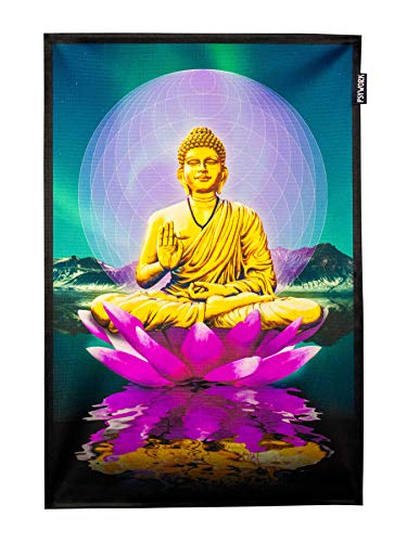 PSYWORK Schwarzlicht Stoffposter Neon | Sacred Lotus Buddha | 0,4 x 0,6m | UV-aktiv | fluoreszierend | Wandbehang Stoffbanner Poster Wandbild Kunstdruck Dekobild Dekoration Wandteppich von PSYWORK