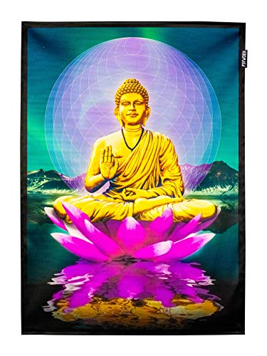 PSYWORK Schwarzlicht Stoffposter Neon | Sacred Lotus Buddha | 0,5 x 0,7m | UV-aktiv | fluoreszierend | Wandbehang Stoffbanner Poster Wandbild Kunstdruck Dekobild Dekoration Wandteppich von PSYWORK