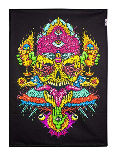 PSYWORK Schwarzlicht Stoffposter Neon | Trippy Fire Skull | 0,5 x 0,7m | UV-aktiv | fluoreszierend | Wandbehang Stoffbanner Poster Wandbild Kunstdruck Dekobild Dekoration Wandteppich von PSYWORK