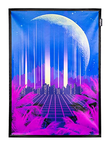 PSYWORK Schwarzlicht Stoffposter Neon | Vaporware 80 Skyline | 0,5 x 0,7m | UV-aktiv | fluoreszierend | Wandbehang Stoffbanner Poster Wandbild Kunstdruck Dekobild Dekoration Wandteppich von PSYWORK