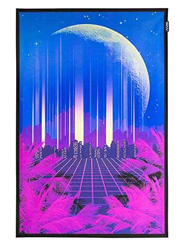 PSYWORK Schwarzlicht Stoffposter Neon | Vaporware 80 Skyline | 0,6 x 0,9m | UV-aktiv | fluoreszierend | Wandbehang Stoffbanner Poster Wandbild Kunstdruck Dekobild Dekoration Wandteppich von PSYWORK