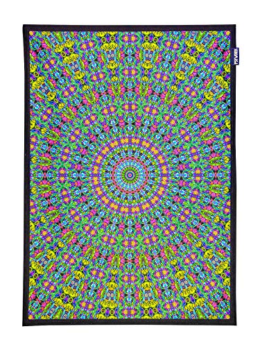 PSYWORK Schwarzlicht Stoffposter Neon | Yoga Mandala Blue | 0,5 x 0,7m | UV-aktiv | fluoreszierend | Wandbehang Stoffbanner Poster Wandbild Kunstdruck Dekobild Dekoration Wandteppich von PSYWORK