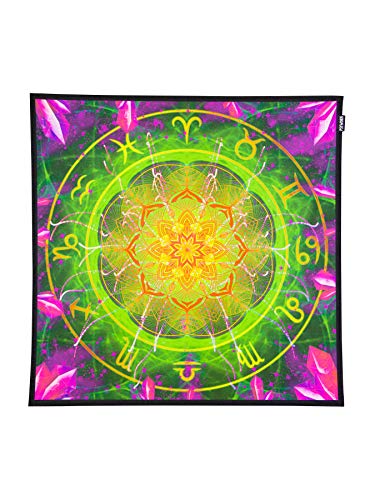 PSYWORK Schwarzlicht Stoffposter Neon | Zodiac Signs Green | 0,75 x 0,75m | UV-aktiv | fluoreszierend | Wandbehang Stoffbanner Poster Wandbild Kunstdruck Dekobild Dekoration Wandteppich von PSYWORK