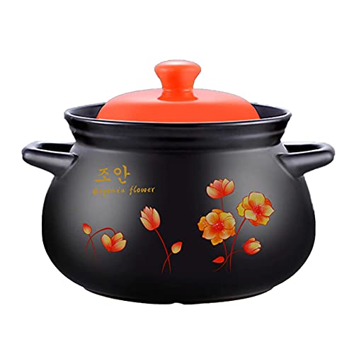 Keramik-Suppe mit doppeltem Griff, Blumenmuster, rund, schwarz, Tontopf, Keramik-Kochgeschirr mit Deckel, hitzebeständig, schwarz, 6 l von PTATT