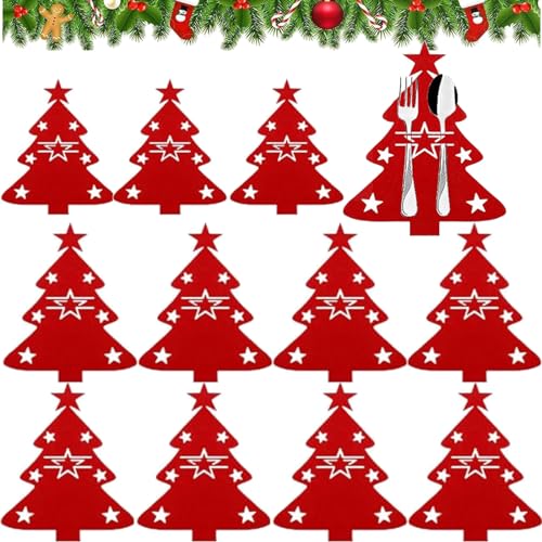 PTBWS 12 Stück Besteckhalter Weihnachten Filz,Bestecktasche Weihnachten, Weihnachten Tischdeko Bestecktasche,Besteckbeutel Weihnachten, Besteckbeutel Weihnachtsbaum Tischdeko von PTBWS