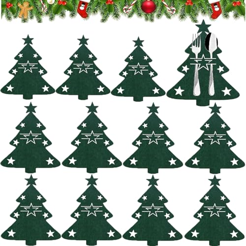 12 Stück Weihnachtsbaum Besteckhalter,Besteckhalter Weihnachten, Weihnachten Tischdeko Bestecktasche,Weihnachten Tischdeko,für Party Abendessen Küche Dekor (B) von PTBWS