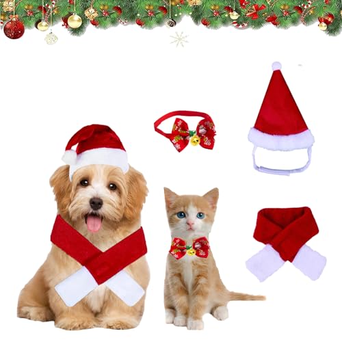 3 Stück Weihnachten Katzenkostüm Hundekostüm, Weihnachten Haustier Kostüm Set,Weihnachtsmütze Fliege Halsband,Schal, Haustier Weihnachtskleidung Hunde Katzen Kostüm Zubehör Set von PTBWS