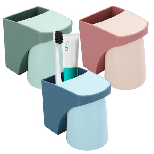 3 Stück Zahnbürstenhalter Kein Bohren erforderlich, Zahnputzbecher Set Wandzahnbürstenbecher-Set mit Magnetischem Becher Zahnputzbecherhalter Toothbrush Holder für Familie von PTHDEW
