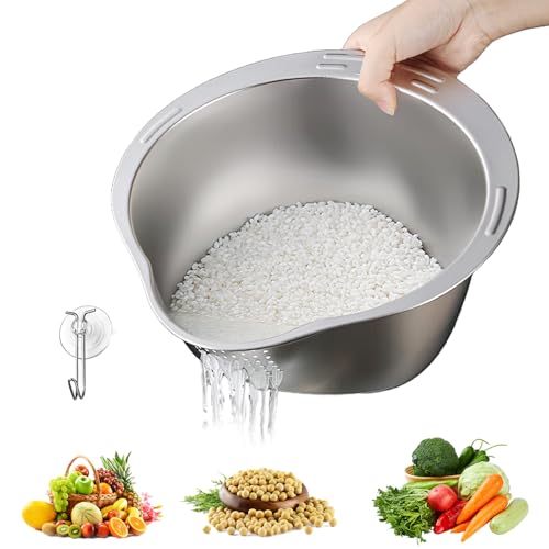 Reis Waschschüssel, Reissieb mit Ausgießer Reiswaschsieb Edelstahl Sieb Reis Abtropfsieb zum Quinoa Obst Getreide Bohnen (Silber) von PTHDEW