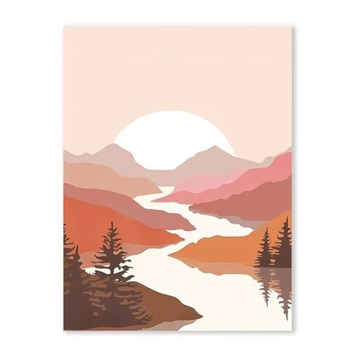 Wandkunst Leinwanddrucke Abstrakte Boho Sonne Berg Fluss Poster Kein Rahmen Leinwand Malerei Nordic Landschaft Bild Wohnzimmer Wand Kunst Dekor(B,40x60cm) von PTHEN