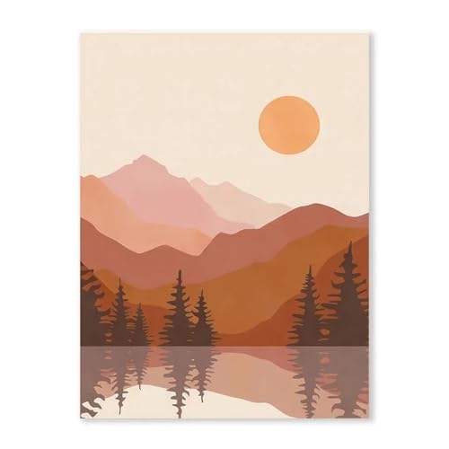 Wandkunst Leinwanddrucke Abstrakte Boho Sonne Berg Fluss Poster Kein Rahmen Leinwand Malerei Nordic Landschaft Bild Wohnzimmer Wand Kunst Dekor(J,50x70cm) von PTHEN