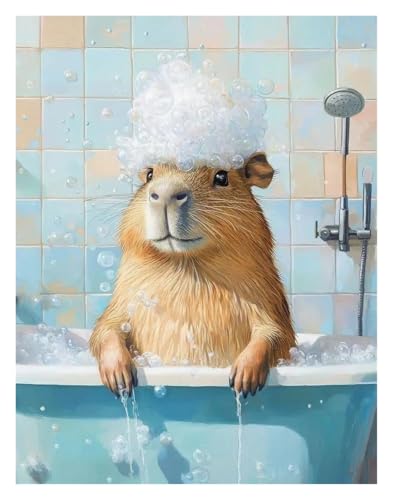 Wandkunst-Leinwanddrucke Badezimmer Tiere Kaninchen Eisbär Capybara Pinguin Badewanne Kunst Poster Leinwand Gemälde Wand Kunst Bilder(F,40x50cm) von PTHEN