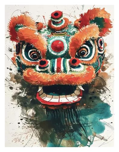 Wandkunst Leinwanddrucke Chinesischer Löwentanz, Poster Im Tusche-Stil, Ohne Rahmen, Moderne, Farbenfrohe Drucke, Leinwandbild Für Die Wohnzimmerdekoration(B,40x60cm) von PTHEN