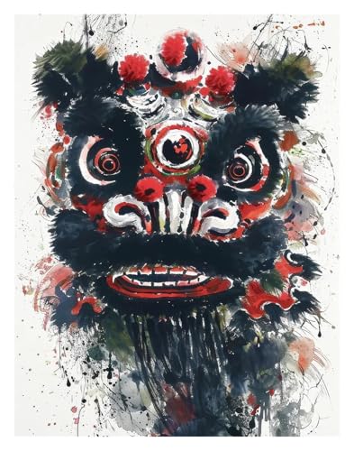 Wandkunst Leinwanddrucke Chinesischer Löwentanz, Poster Im Tusche-Stil, Ohne Rahmen, Moderne, Farbenfrohe Drucke, Leinwandbild Für Die Wohnzimmerdekoration(E,30x40cm) von PTHEN