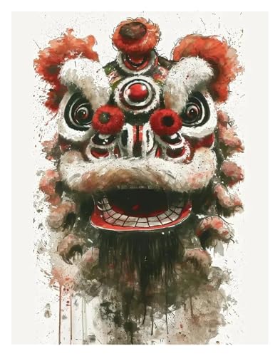 Wandkunst Leinwanddrucke Chinesischer Löwentanz, Poster Im Tusche-Stil, Ohne Rahmen, Moderne, Farbenfrohe Drucke, Leinwandbild Für Die Wohnzimmerdekoration(F,50x70cm) von PTHEN
