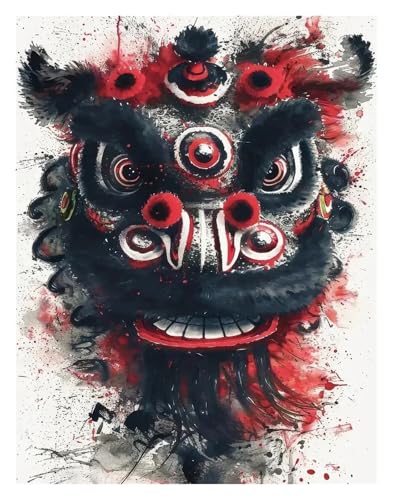 Wandkunst Leinwanddrucke Chinesischer Löwentanz, Poster Im Tusche-Stil, Ohne Rahmen, Moderne, Farbenfrohe Drucke, Leinwandbild Für Die Wohnzimmerdekoration(G,30x40cm) von PTHEN