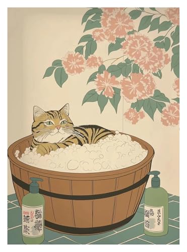 Wandkunst-Leinwanddrucke Japanische Kirschblüte Katze Heißes Frühlingsbad Retro Poster Drucke Leinwand Malerei Wand Kunst Bild Wohnzimmer Wohnkultur(T,40x60cm) von PTHEN