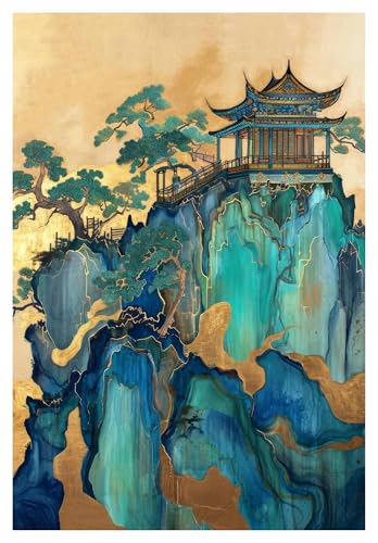 Wandkunst-Leinwanddrucke Modernen Chinesischen Stil Blume Kunst Pfingstrose Architektur Landschaft Poster Leinwand Gemälde Wand Kunst Bilder Wohnkultur(EIN,50x70cm) von PTHEN