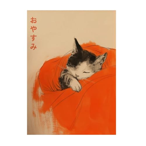 Wandkunst-Leinwanddrucke Retro Niedliche Tiere Essen Japanischer Sushi-Chef Schwarze Katze Essen Ramen Drucke Und Poster Wand Kunst Bilder Für Zimmer Küche Wohnkultur(C,50x70cm) von PTHEN