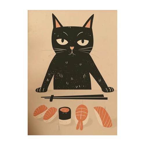 Wandkunst-Leinwanddrucke Retro Niedliche Tiere Essen Japanischer Sushi-Chef Schwarze Katze Essen Ramen Drucke Und Poster Wand Kunst Bilder Für Zimmer Küche Wohnkultur(D,30x45cm) von PTHEN