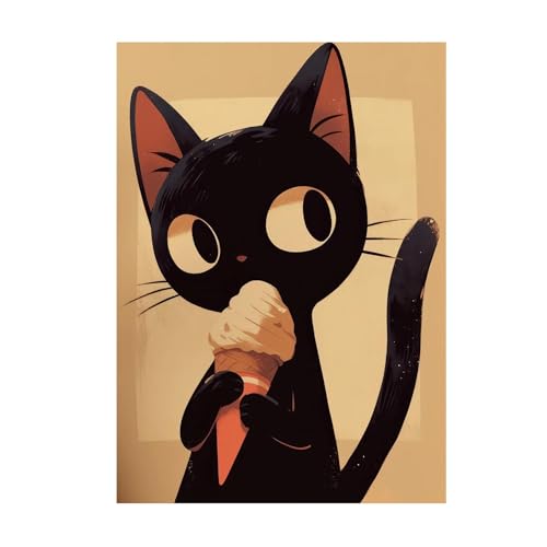 Wandkunst-Leinwanddrucke Retro Niedliche Tiere Essen Japanischer Sushi-Chef Schwarze Katze Essen Ramen Drucke Und Poster Wand Kunst Bilder Für Zimmer Küche Wohnkultur(H,40x60cm) von PTHEN