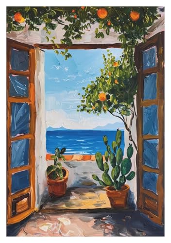 Wandkunst-Leinwanddrucke Zitronenbaum, Orangenbaum Auf Fenster, Poster, Mediterrane Leinwandmalerei, Druck, Wandkunst, Bild Für Wohnzimmer, Heimdekoration(F,30x40cm) von PTHEN