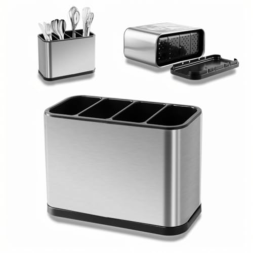 4 Gitter Utensilienhalter Küche Edelstahl, Abtropfkorb für Besteck, Behälter für Küchenutensilien, Rutschfester Stäbchenhalter mit Abtropffläche, Aufbewahrungseimer für Besteck Löffel Gabel Messer von PTJJXA